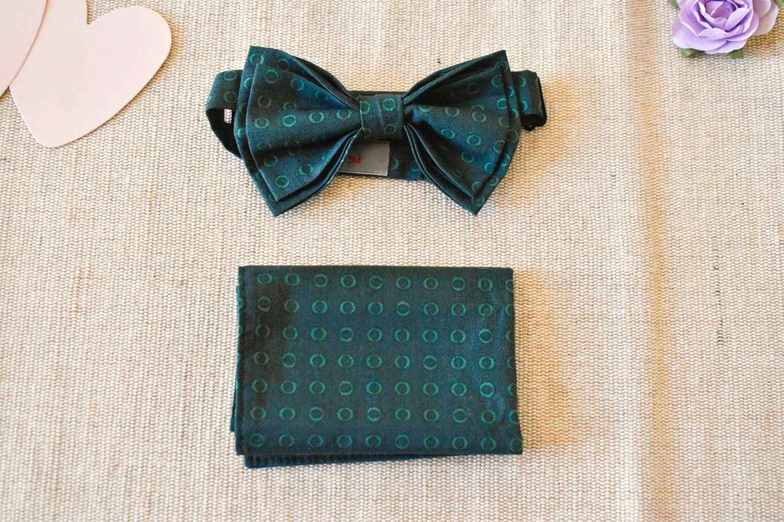 Nœud Papillon, Pochette, Chouchou et Bandeau - Vert Motifs Spirales – Image 2