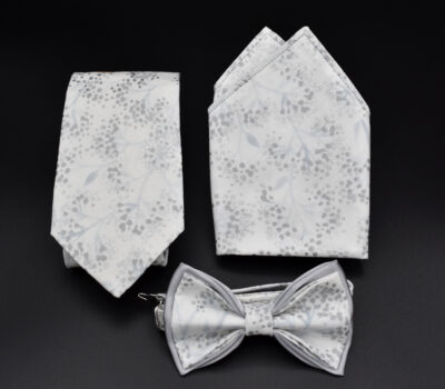 Cravate Noeud Pap Blanc Fleurs Motifs Argents