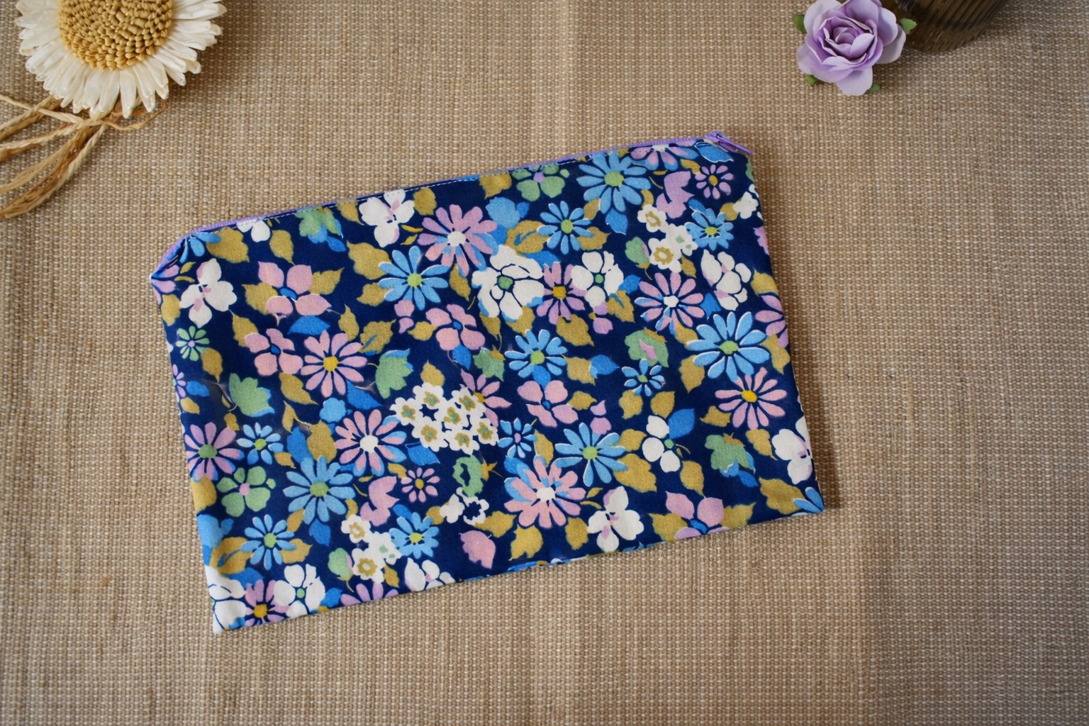 Trousse Plate - Bleu Fleurs Pastel